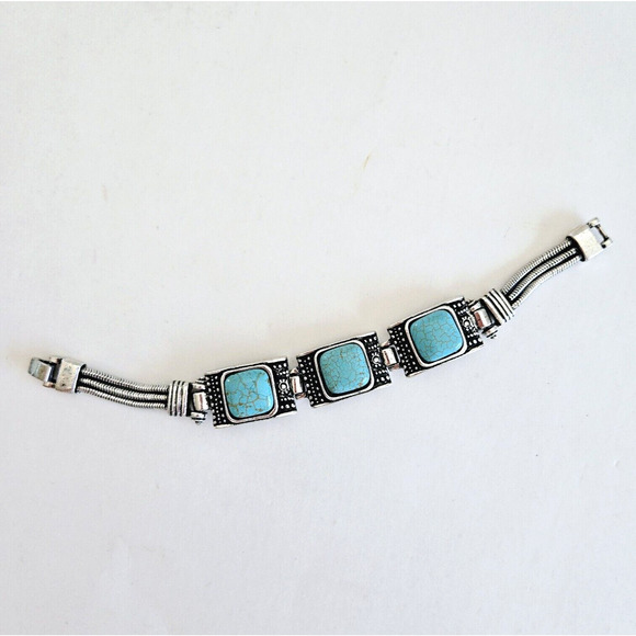 Faux Turquoise Bracelet Blue Geometric Silvertone Southwestern Aztec Boho Tribal - Picture 6 of 9